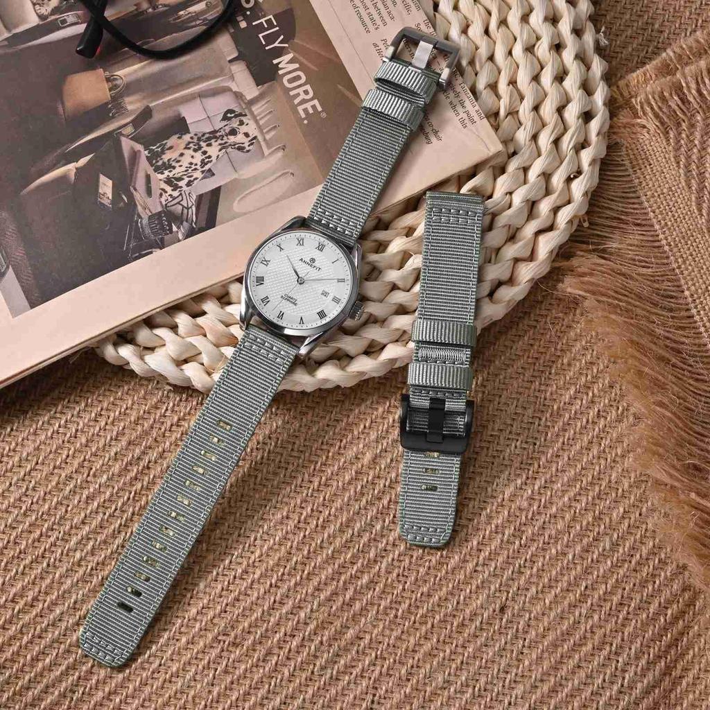 ANNEFIT Nylon Watch Military Watch Replacement Nylon Strap with Fabric Quick Buckle Band, Band, 18mm, Two-Piece Finish, Release, Gray/Silver