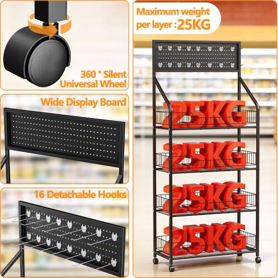 Snack Display Organizer 4/5 Tier Retail Rack Black Metal Candy Storage Shelf Cart with Wheels Wire & 15 Hooks Heavy-Duty Potato Chip Stand
