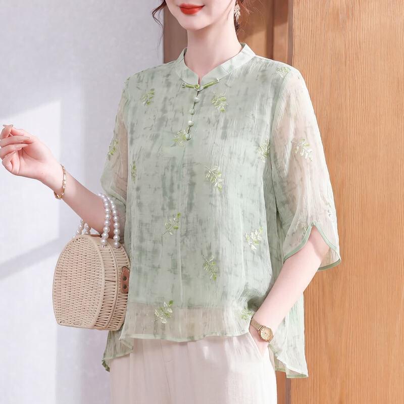Xuexi 2026 Summer Floral Chiffon Blouse for Moms 3XL