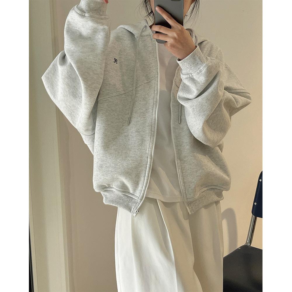 Women Zip Up Hooded Sweatshirt Jacket Korean Casual Embroidery Letter Oversized Cropped Hoodie Long Sleeve Sport Outerwear