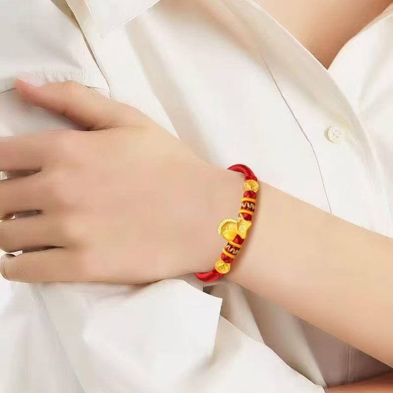 Gold 999 Zodiac Horse Charm Bracelet with Red Rope - Birth Year Gift for Girlfriend