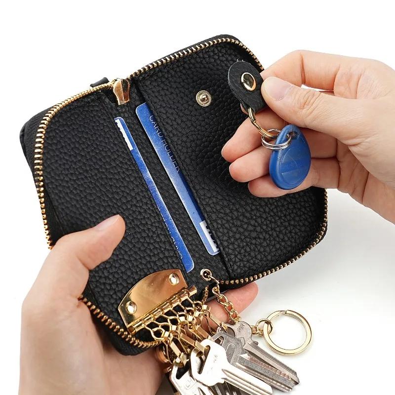Men Genuine Leather Key Wallet Card Keychain Cover Zipper Card Holder Wallet Keys Organizer Large Capacity Household Key Bag