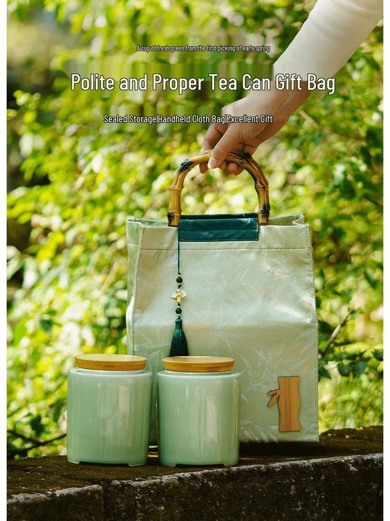 Creative Green Tea Ceramic Canister with Fresh Cloth Bag for Longjing, Maojian, Biluochun, Gyokuro - Empty Gift Packaging Box.