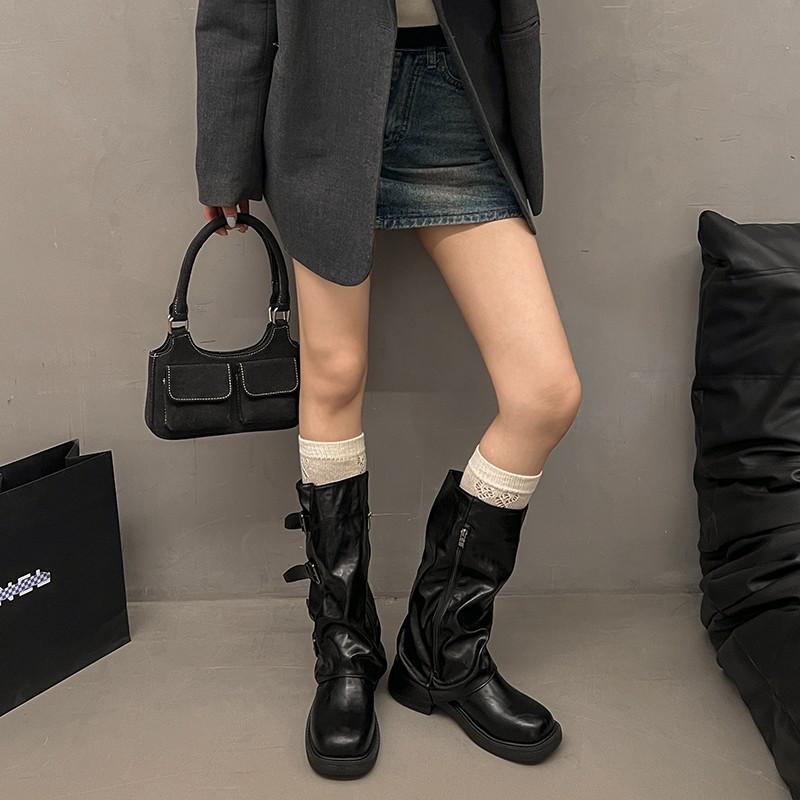 Fashion New Style Round Toe Belt Buckle Women Boots Fashion Flat Sole Mid Calf Autumn Niche Design Patent Leather Soid Women Shoes
