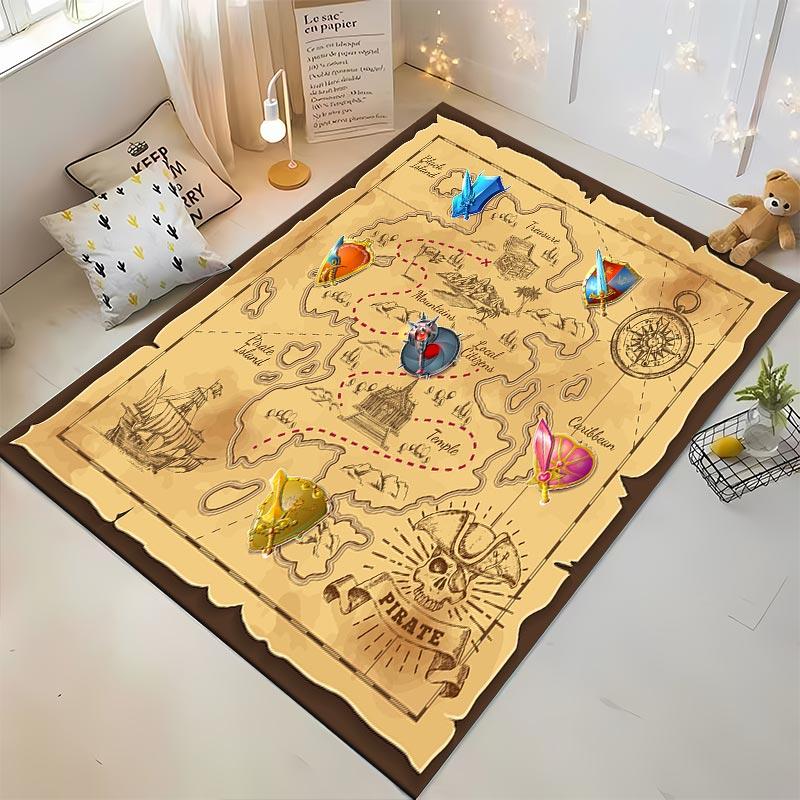 "Pirate Treasure Map Rug with Compass and Adventure Symbols Design" Suitable for use as an anti-slip for living room bedroom sofas