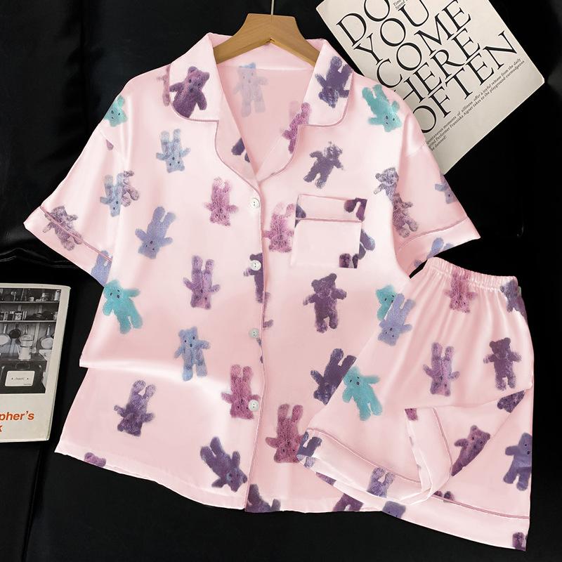 

Casual Cartoon Bear Ice Silk Pajamas Girl Summer Thin Short-Sleeved Shorts Can Be Worn Outside Loungewear Suit XL