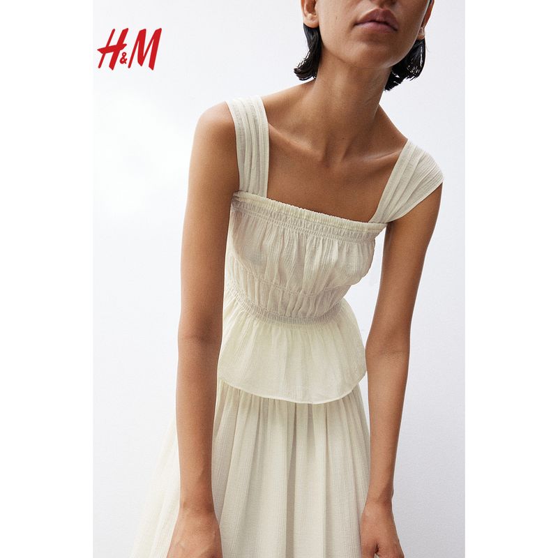 

HM Women clothes Vest Sling Summer Slim fit Square Collar Pleated Flared Skirt Hem Top 1236708 White 170/104(L)