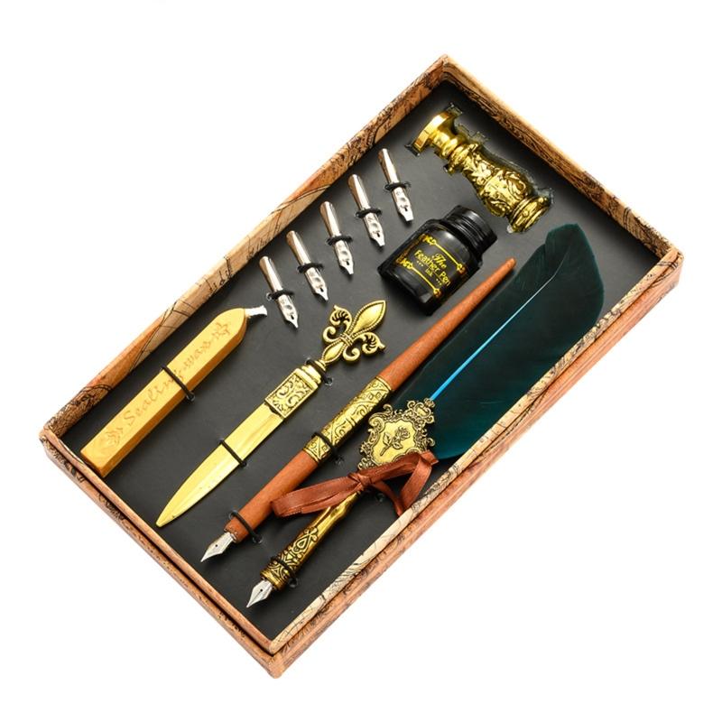 European Style Alloy Vintage Feather Pen Set Fountain Dip Feather Pen Set