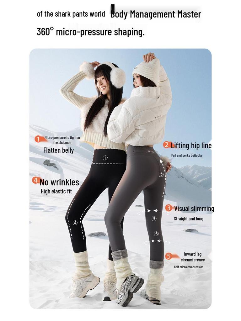 Women's High Waist Fleece Lined Shark Leggings - Cross Waist Tummy Control Yoga Pants for Autumn/Winter