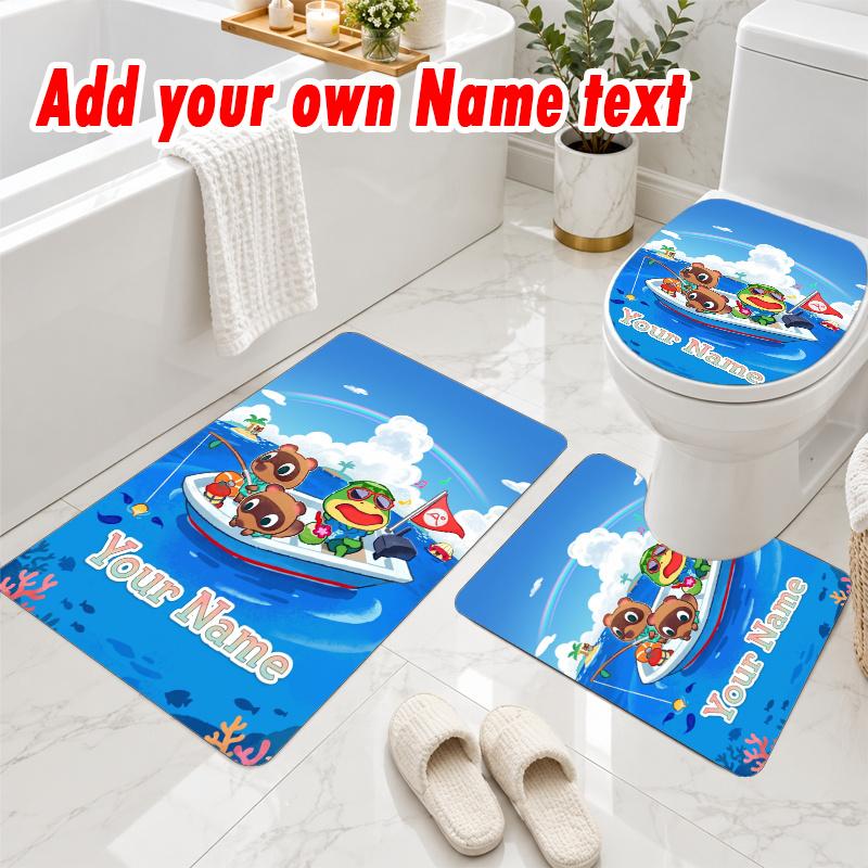 Personalized Animal Crossing 3Pcs Flannel Toilet Mat Set Custom Text Bathroom Rug Non Slip