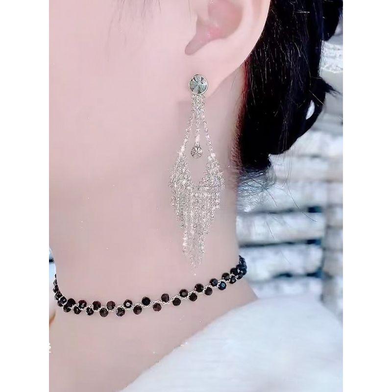 Fancy Full Rhinestone Tassel Earrings for Women Grandeur Design Fashion Allergic Square and round Face Long Luxury Dress Earrings for Women