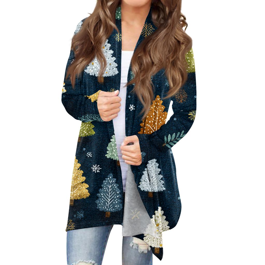 Women's Fashionable Loose-Fit Casual Cardigan With Christmas Print Mid-Length Coat