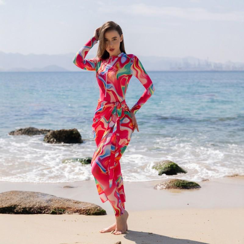 Damen Badeanzug mit langen Ärmeln, Vollabdeckung, mit integriertem Polster, bescheiden und dennoch stilvoll, Tankini-Stil, Strand Pool