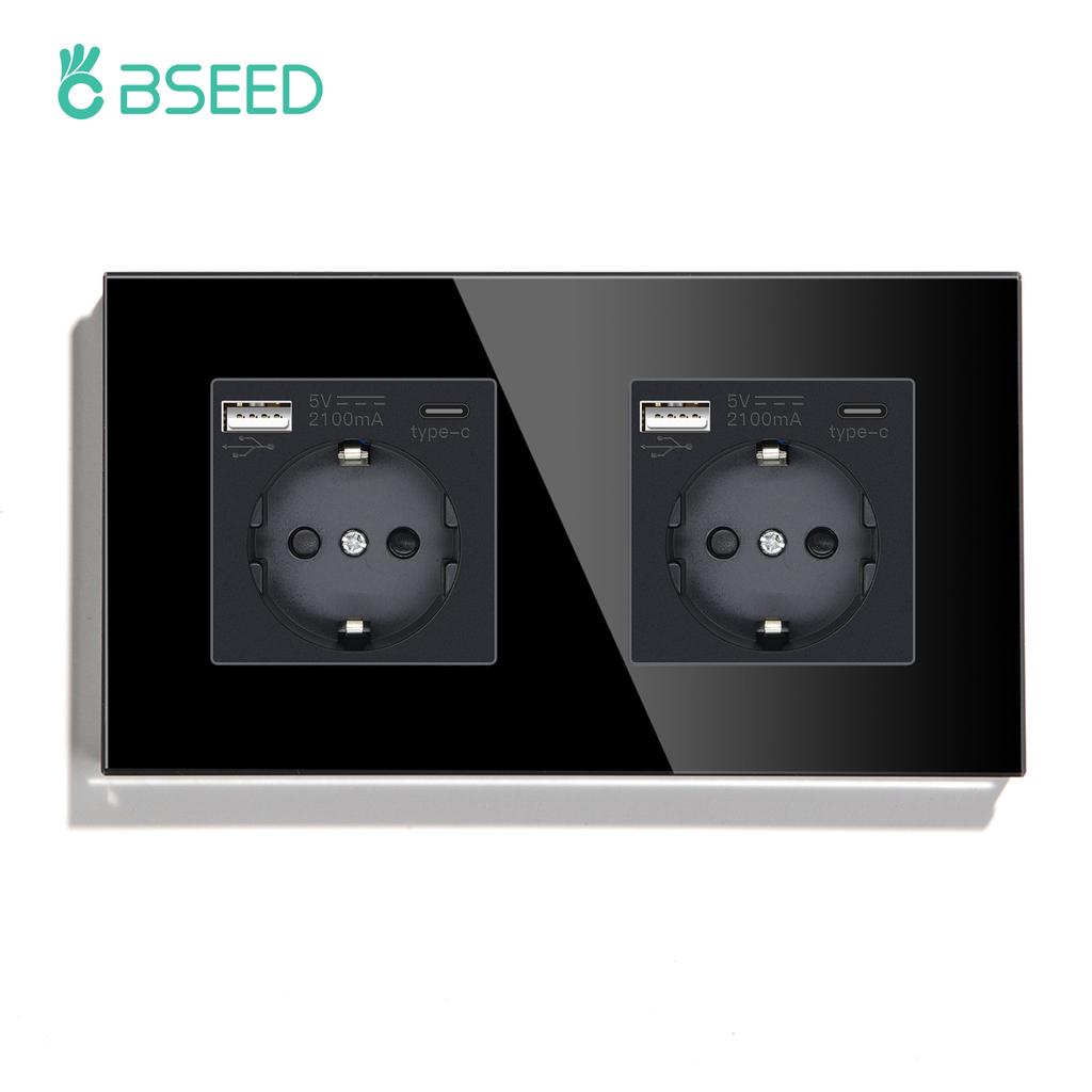 BSEED 1/2/3fach Touchschalter 1-Weg Lichtschalter mit EU-Wandsteckdosen USB Typ-C Steckdosen Glasplatte Schwarz