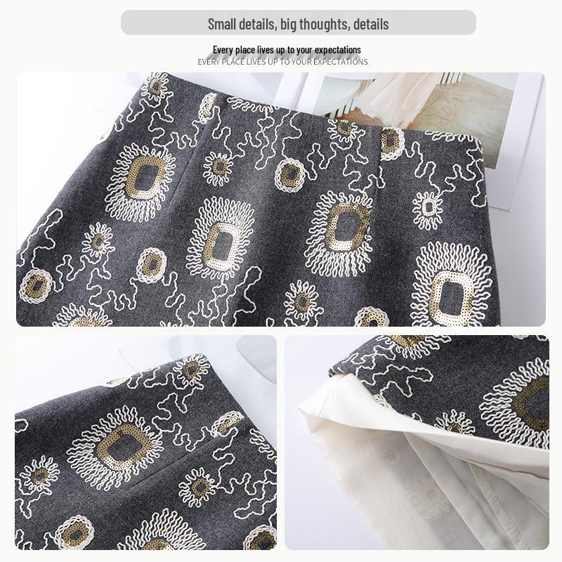 Spring 2026 Women's High-End Khaki Sequin Embroidered A-Line Short Skirt