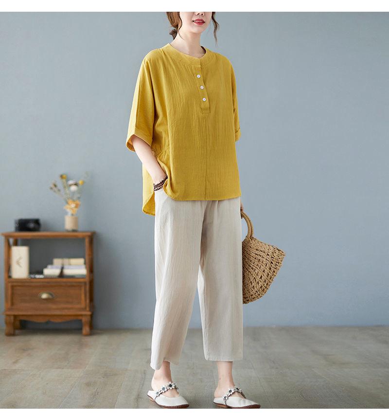Plus Size Summer Cotton Linen Clothing Set: Short-Sleeved T-shirt Top Two-Piece for Mid-Aged and Elderly Women