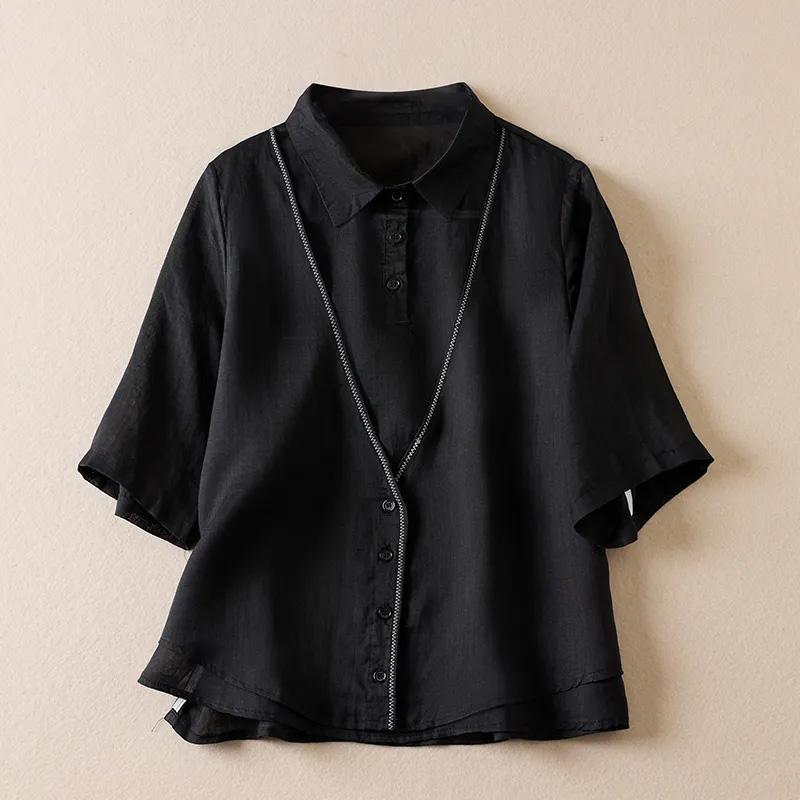 

Рубашка для женщин, свободная хлопковая блузка большого размера, повседневный свитер с длинным рукавом, ретро-подделка, две части, рубашка с короткими рукавами M чёрный