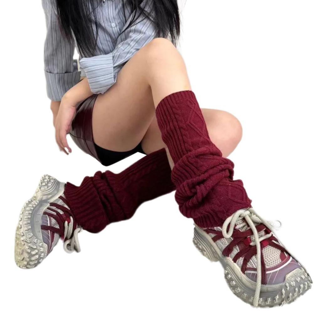 Luxurious Wool Cable Knitted Leg Warmers with Rhombus Pattern for Indoors and Outdoors Winter Boot Covers Long Stockings