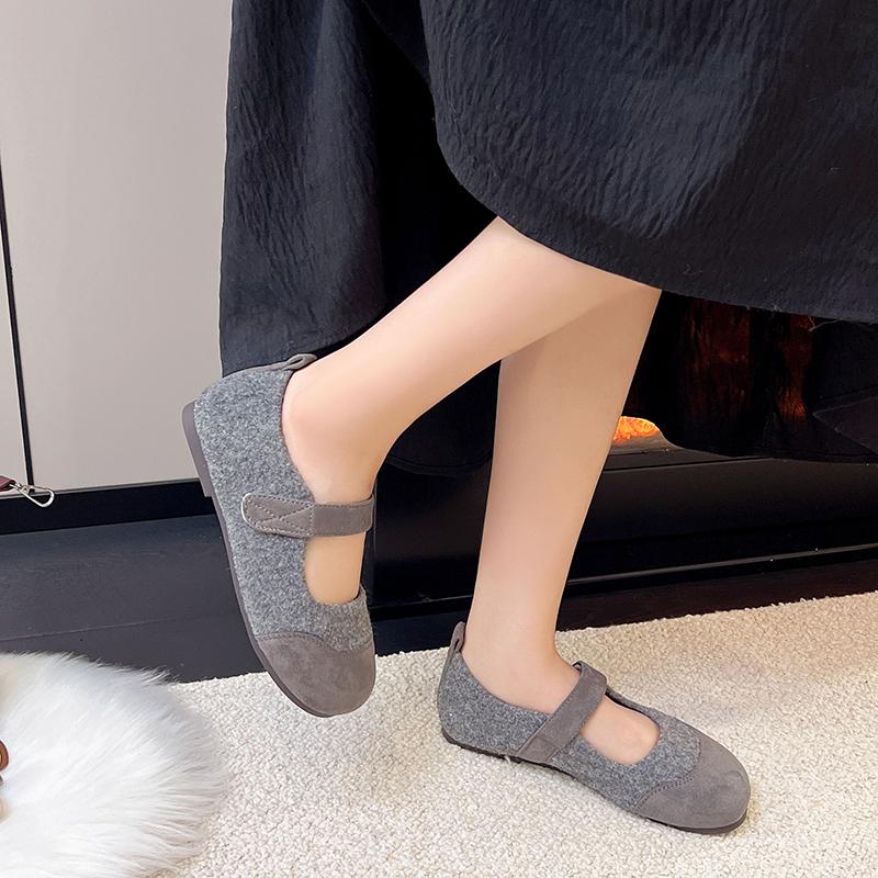 Fashion Spliced Suede Strap Anti-slip Wear-resistant Flats New Round Toe Soft Sole Single Shoes for Autumn