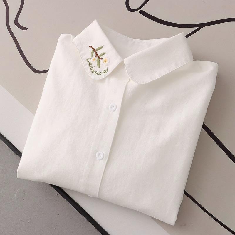 Spring Autumn White Shirts Women Turn Down Collar Embroidered Long Sleeve Casual Little Blue Flower