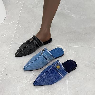 Fashion 2025 Super New Pointed Toe Denim Flat Bottom Half Slippers Women Fashion Outer Wear Shoes Large Size 43 Flip Flops Chanclas