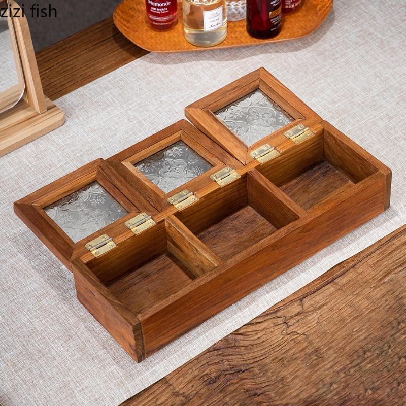 Solid Wood Storage Box Glass Lid Jewelry Boxes 3 Grids Snack Plate Dried Fruit Box Candy Boxes Jewelry Organizer Snack Trays