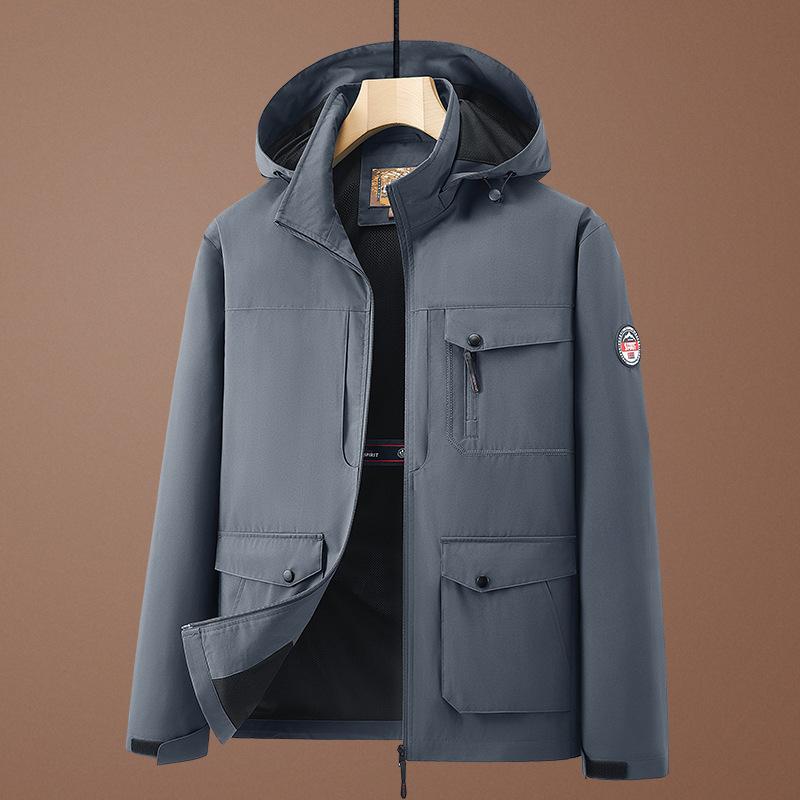 Spring and Autumn Multi-Pocket Men's Hooded Jacket Windproof Work Top Loose Plus Large Size Casual Sports Jacket
