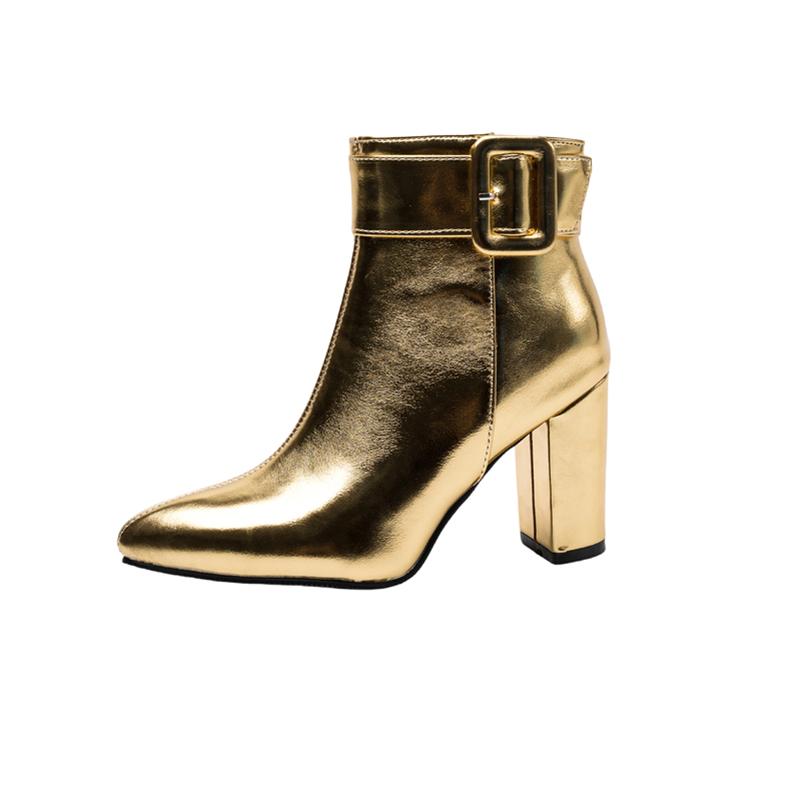 

ANNYMOLI Женские короткие ботильоны с острым носком на толстом высоком каблуке с застежкой-молнией и пряжкой, модная женская обувь осень-зима 33 золотой