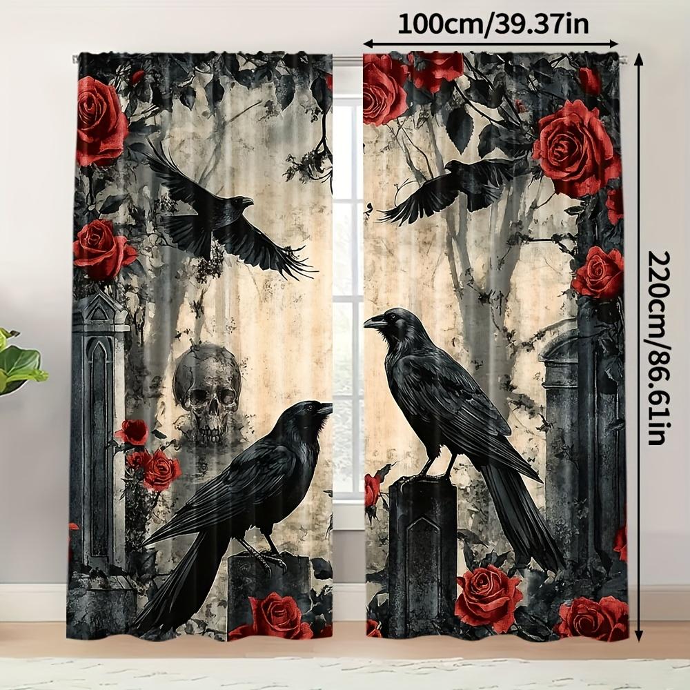 2pcs Gothic Style Print Curtains Crow Raven Red Rose Skull Design Dark Romantic Polyester Window Drapes for Living Room Bedroom
