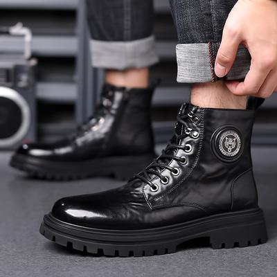 Moda Botín de Cuero de Alta Calidad con Cordones para Exterior para Hombre Botas de Motocicleta Zapatos de Otoño Invierno Antideslizantes Cálidas con Piel de Felpa Botas de Nieve