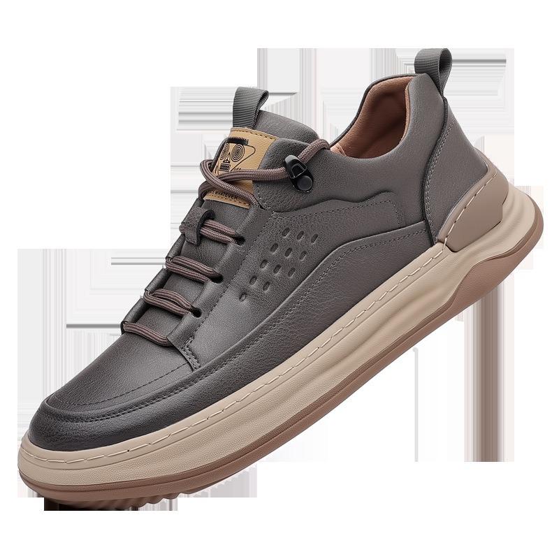 Men's High-Grade Genuine Leather Breathable Board Shoes - Spring/Summer Casual Outdoor Sneakers with Thick Soles, Hand-Stitched Design.