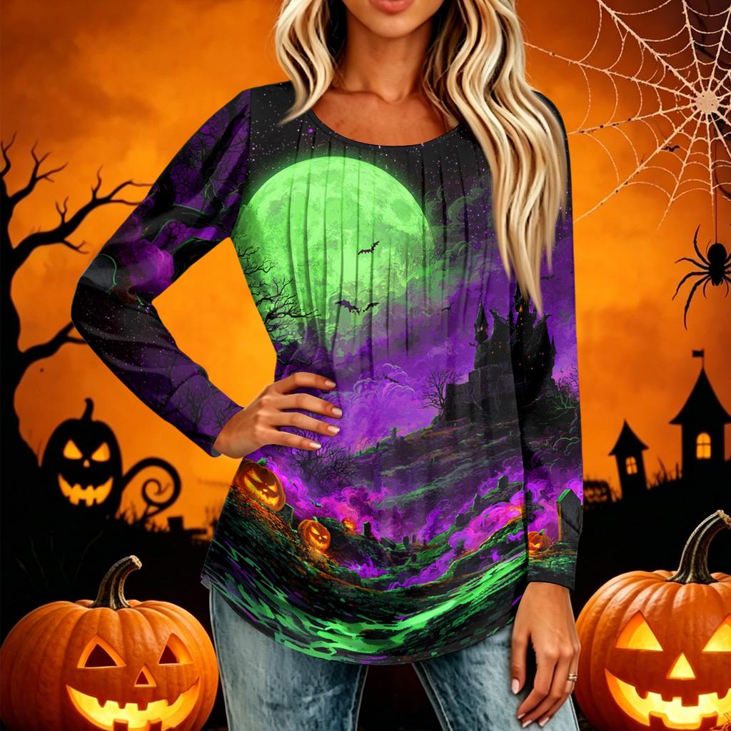 Women's Casual Long Sleeve T Shirt Pleated Round Neck Halloween Pumpkin Print Top Lightweight Comfortable Fit