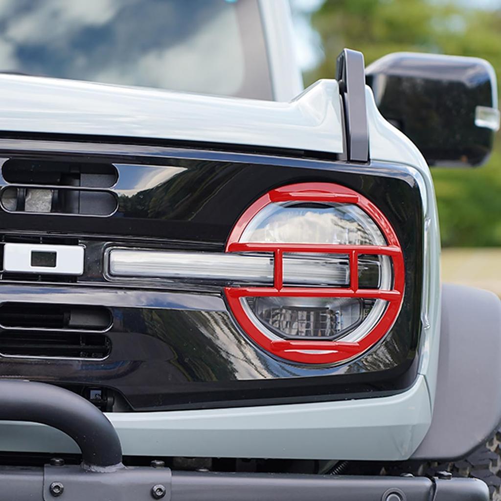 Red Headlight Cover for 2021-2024 Ford Bronco, Headlight Protector Guard with Anti-Scratch Trim - Pair, Durable Front Grille Off-Road Protective