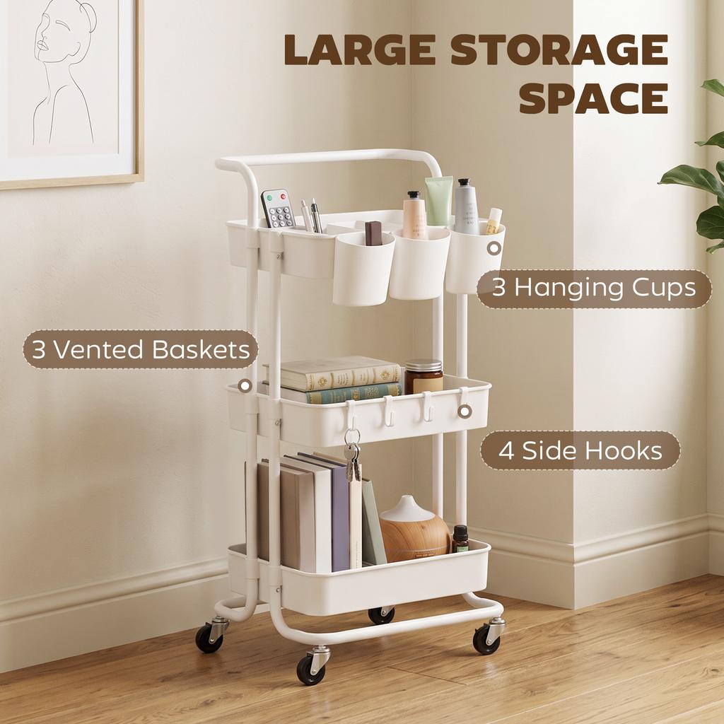 Three Tier Home Trolley With Handle And Wheels White
