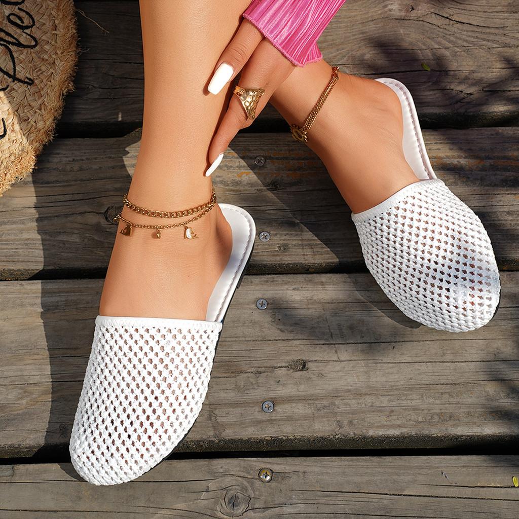 Womens Summer Open Toe Knit Mesh Slip On Flat Shoes For Daily Comfort