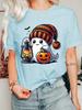 Halloween Ghost Womens T Shirt Knit Beanie Hat Lantern Pumpkin Bat Graphic Print Short Sleeve O Neck Casual Fall Party Tops
