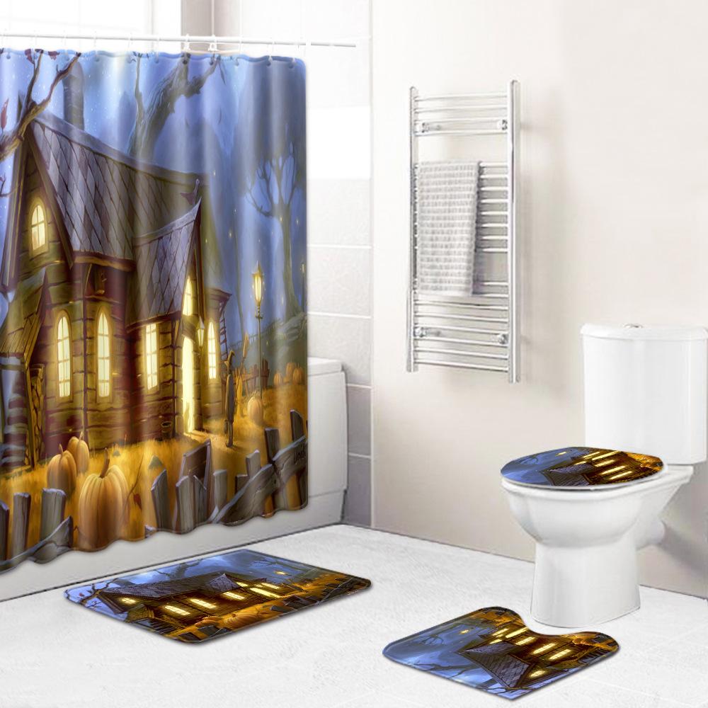 Halloween Series Bathroom Shower Curtain Floor Mat Toilet Cover Foot Mat Four-Piece Pattern Size