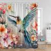 Rideaux de douche Colibri Aquarelle Florale Papillon Fleurs Épanouies Plantes Floraison Décor de Baignoire Printemps