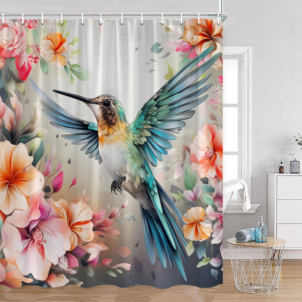 Rideaux de douche Colibri Aquarelle Florale Papillon Fleurs Épanouies Plantes Floraison Décor de Baignoire Printemps