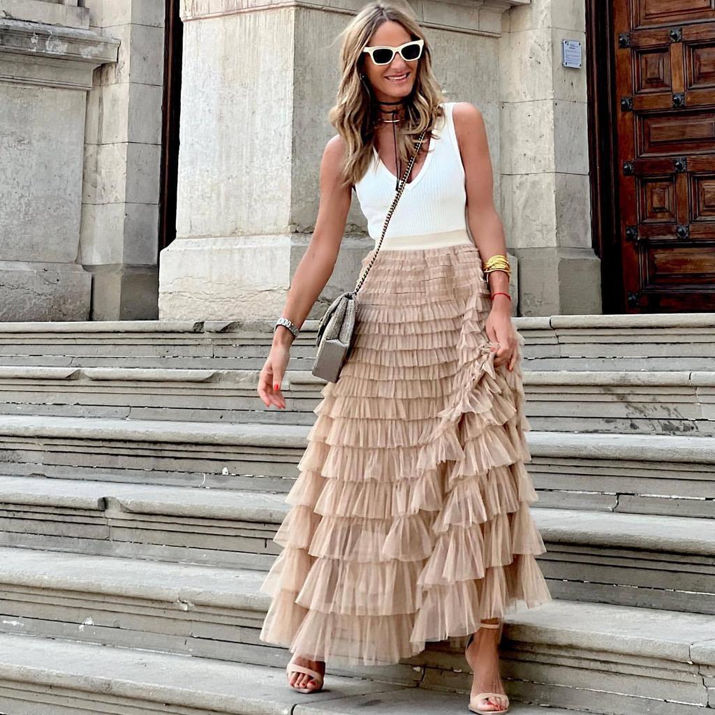 Casual Womens Solid Ball Gown Long Skirt Tulle High Waist Pleated Tutu Skirt Elegant Ladies Wild Mesh Dating Maxi Skirts