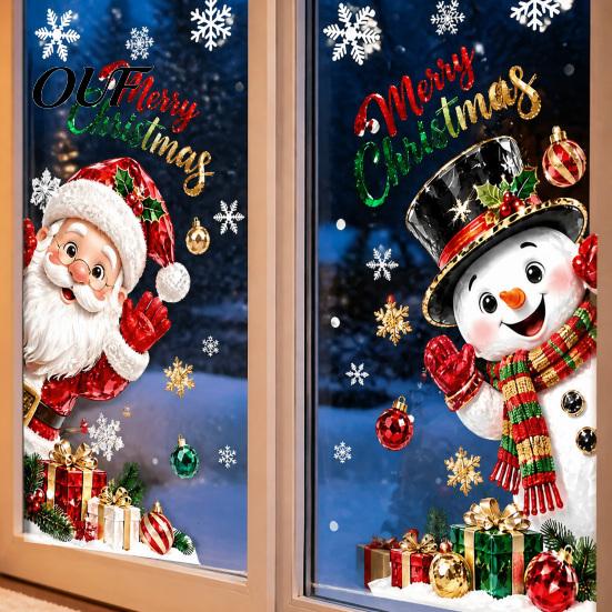 Festive Home Window Decor Christmas Static Clings, Santa Snowman PVC Stickers, Waterproof Glass Stickers Decals for Shop Holiday Decorations Snowflake