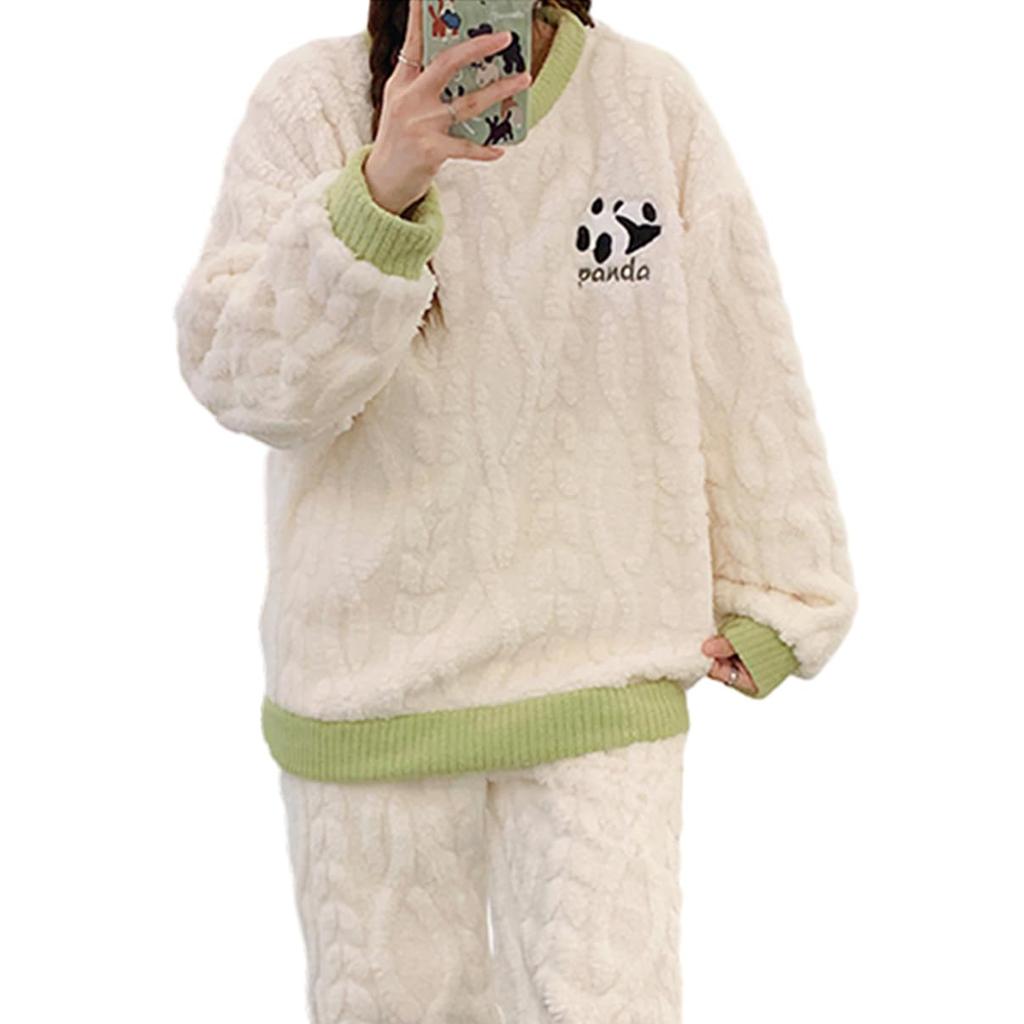 MilaCorinna Fluffy and Warm Flannel Pajamas Set with a Cute Panda and Cable Perfect for Loungewear and Indoor Perfect for Fall and A great Women's
