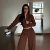 Zweiteiliges Streetwear-Set für Damen: Schmal geschnittener Reißverschluss-Strickjacke Mit Bindegürtel Lange Hose Herbst-Outfit