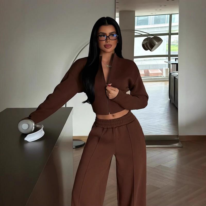 Zweiteiliges Streetwear-Set für Damen: Schmal geschnittener Reißverschluss-Strickjacke Mit Bindegürtel Lange Hose Herbst-Outfit