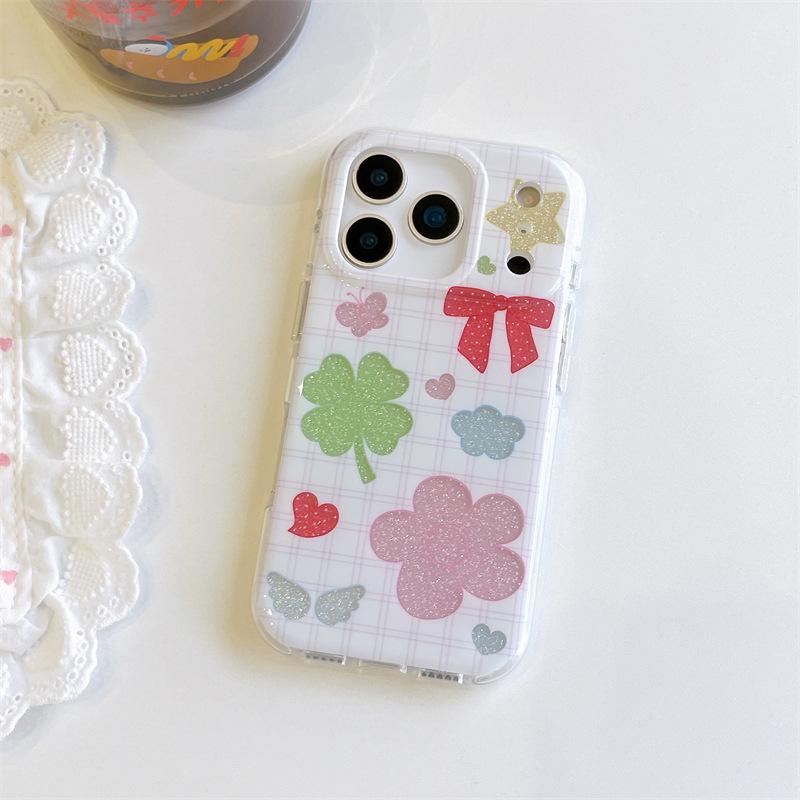 

Korean Plaid Four-Leaf Clover Bowknot iPhone 17 Pro Max/16/15/14 Double Layer Case for Women iPhone 13