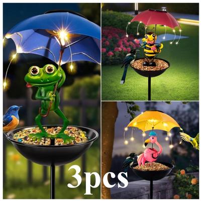 2 BUC/3 BUC Statuie de exterior din fier impermeabil lumină simulare animal lumină solară cu funcție de hrănitor albină și flamingo broască și pasăre colibri, decorație