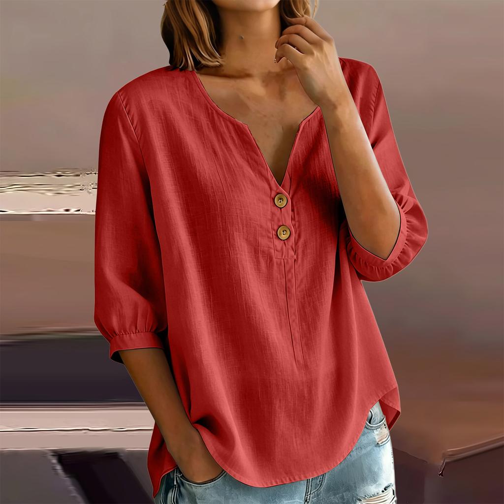 Women's Casual Linen Blend Henley Button Neck Shirt Three Quarter Sleeve Lightweight Loose Fit Top for Everyday Wear