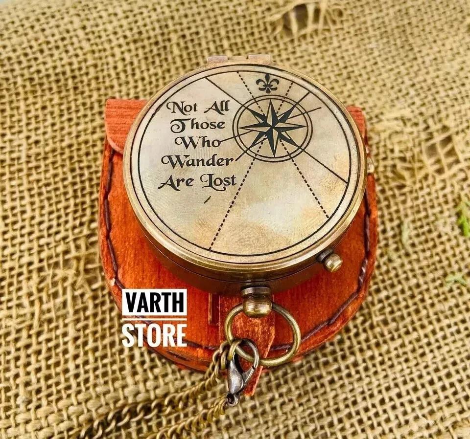 Vintage Antique Brass Pocket Compass Nautical Maritime Gift Compass With Case