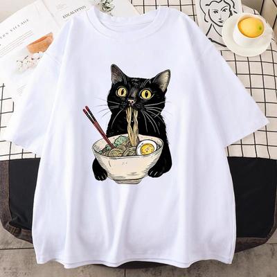T-shirt Chat RaUnisex Noodle Amoureux de la Nourriture T-shirts Chat Noir T-shirts Nouilles Rétro Décontracté Manches Courtes pour Vêtements Unisexes Femmes