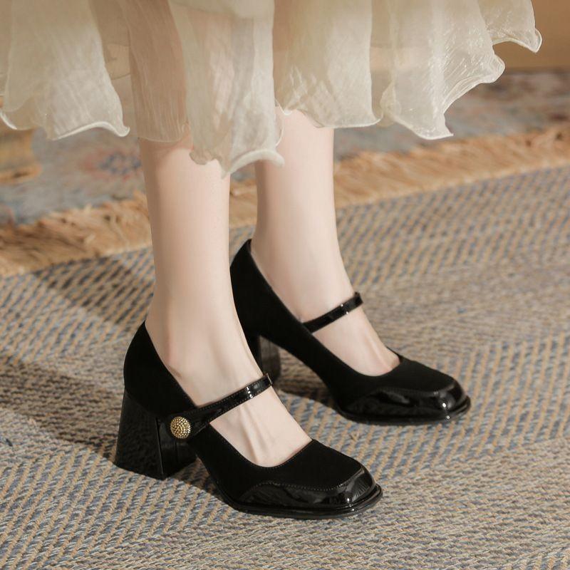 

Женские туфли на высоком каблуке 2025 весна и осень новые квадратный носок мелкий вырез Мэри Джейн с юбкой толстый каблук одинарные туфли 40 чёрный